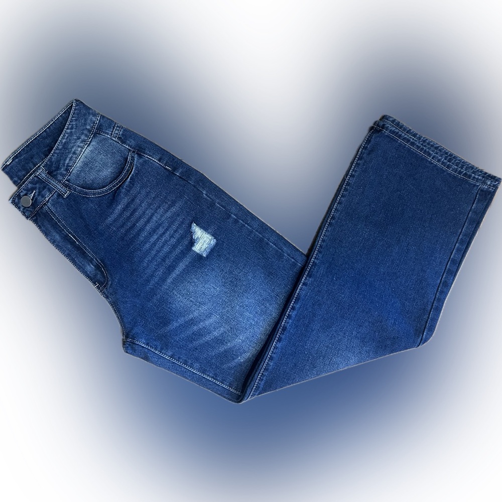 EUC Unbranded SZ S blue distressed 5-pocket wide leg straight jeans/waist 26” - Picture 2 of 5